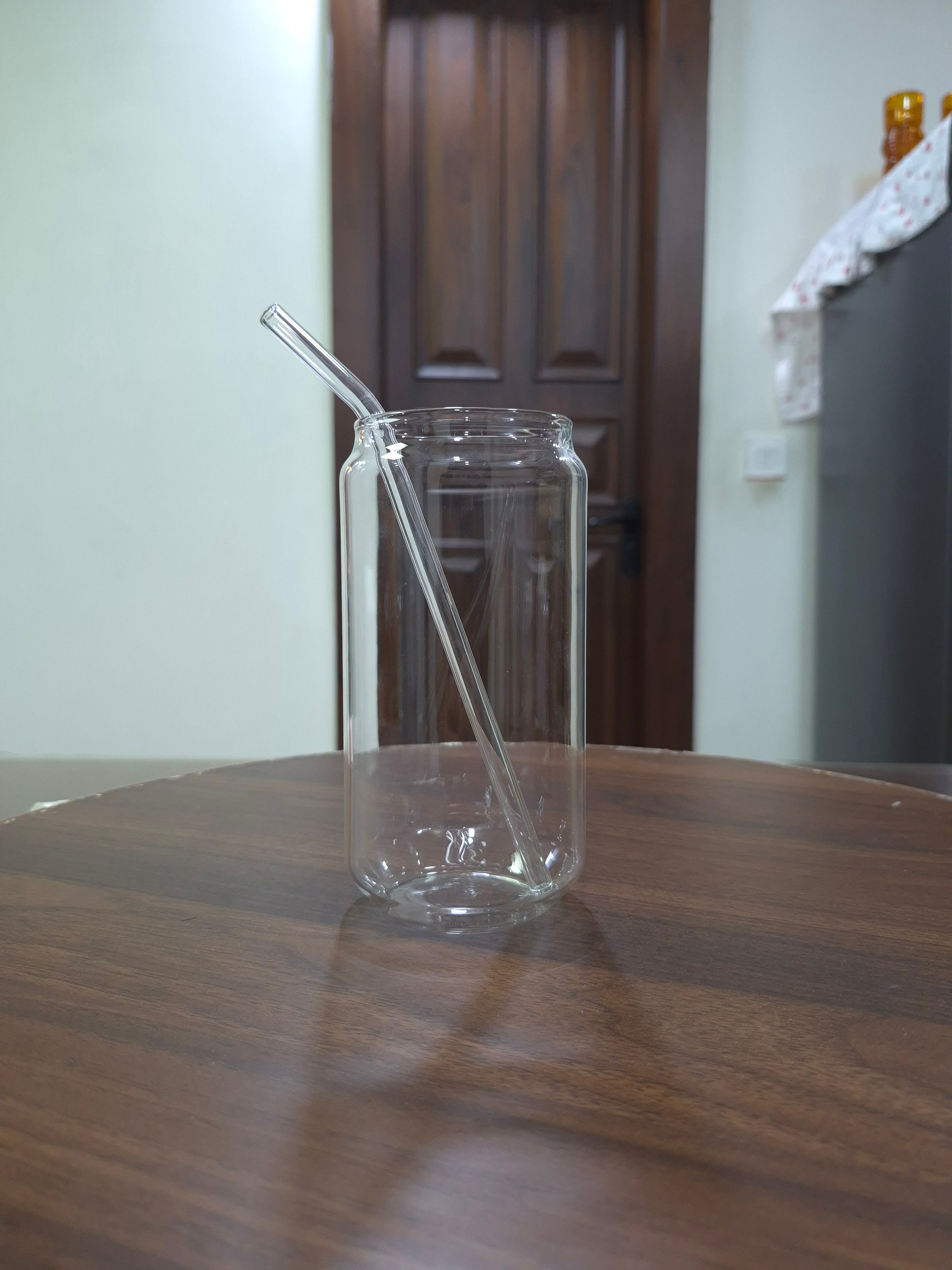 Can-Shaped Borosilicate Glass Cup with Glass Straw
