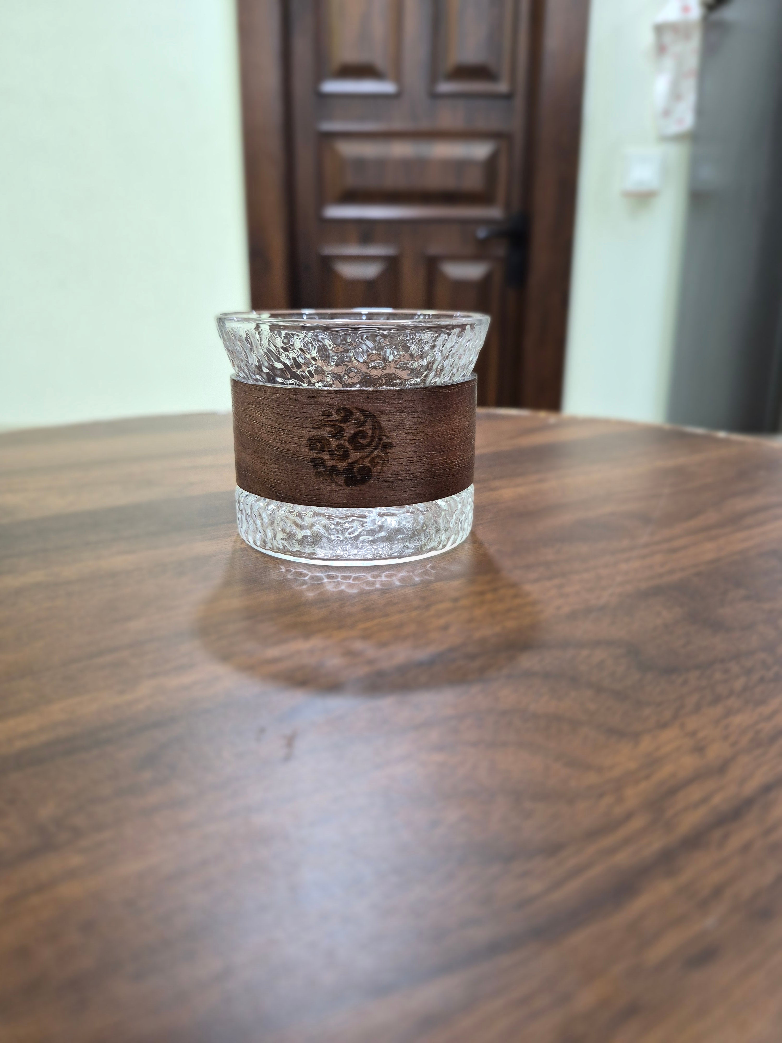Artisan Hammered Borosilicate Glass — Engraved Wood Band