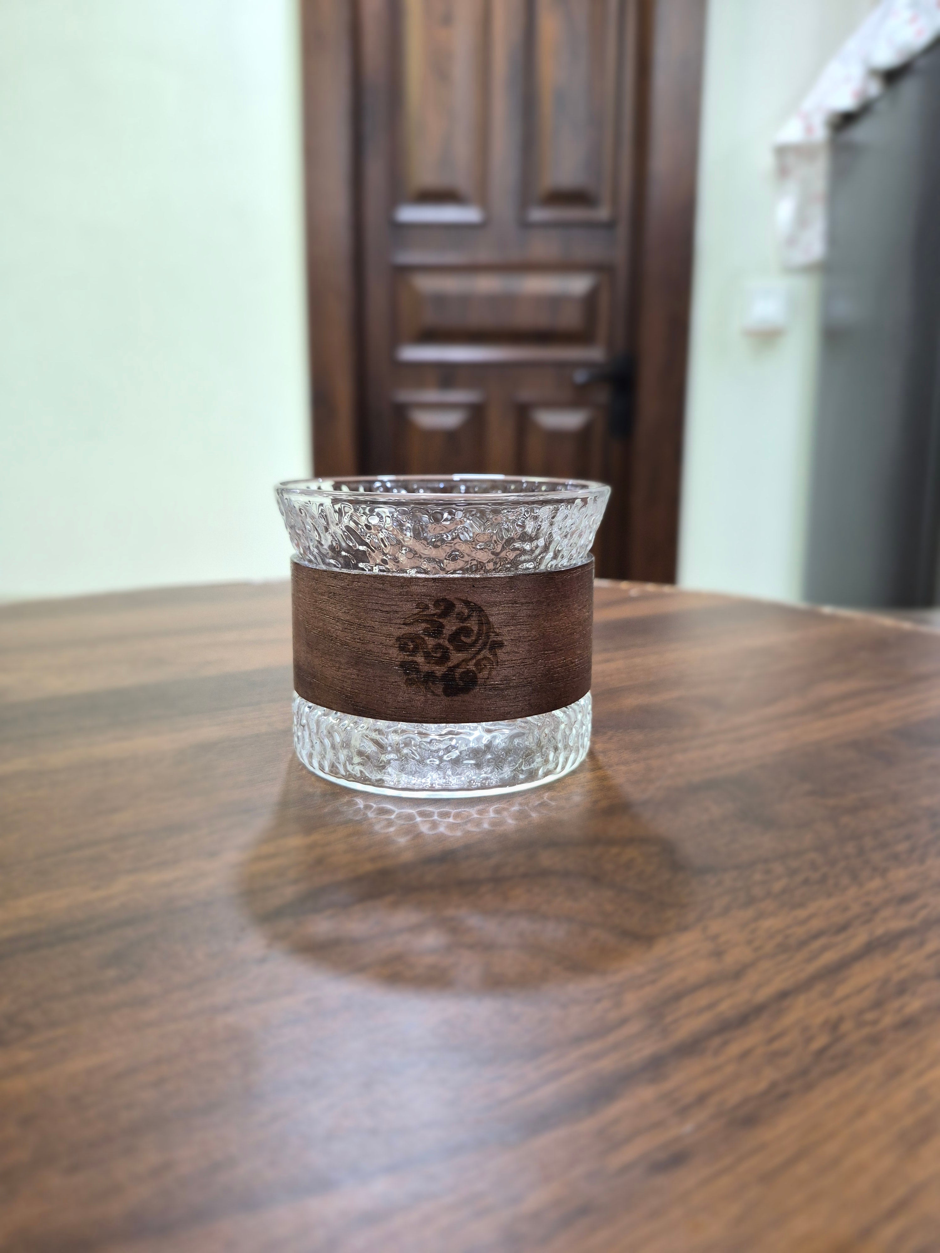 Artisan Hammered Borosilicate Glass — Engraved Wood Band