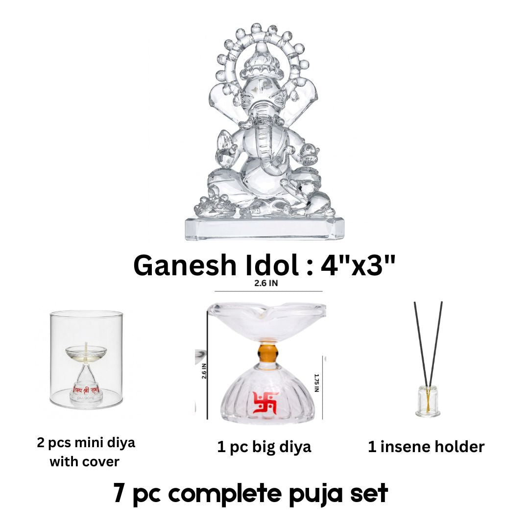 Glass Ganesh Idol Puja Set 7 Piece Crystal Clear Glass Pooja Kit for Home Temple, Diwali & Ganesh Chaturthi