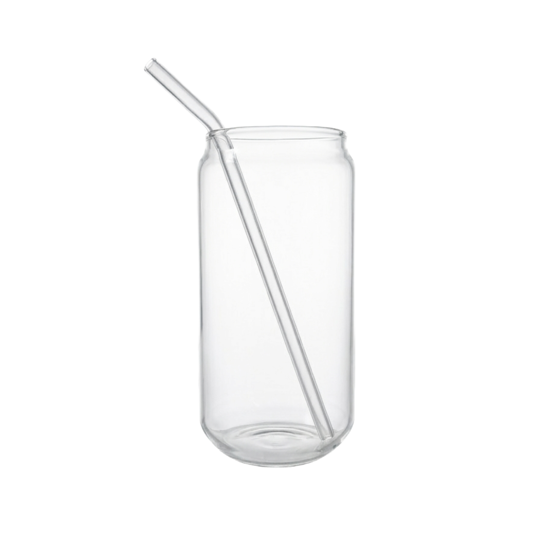 Can-Shaped Borosilicate Glass Cup with Glass Straw