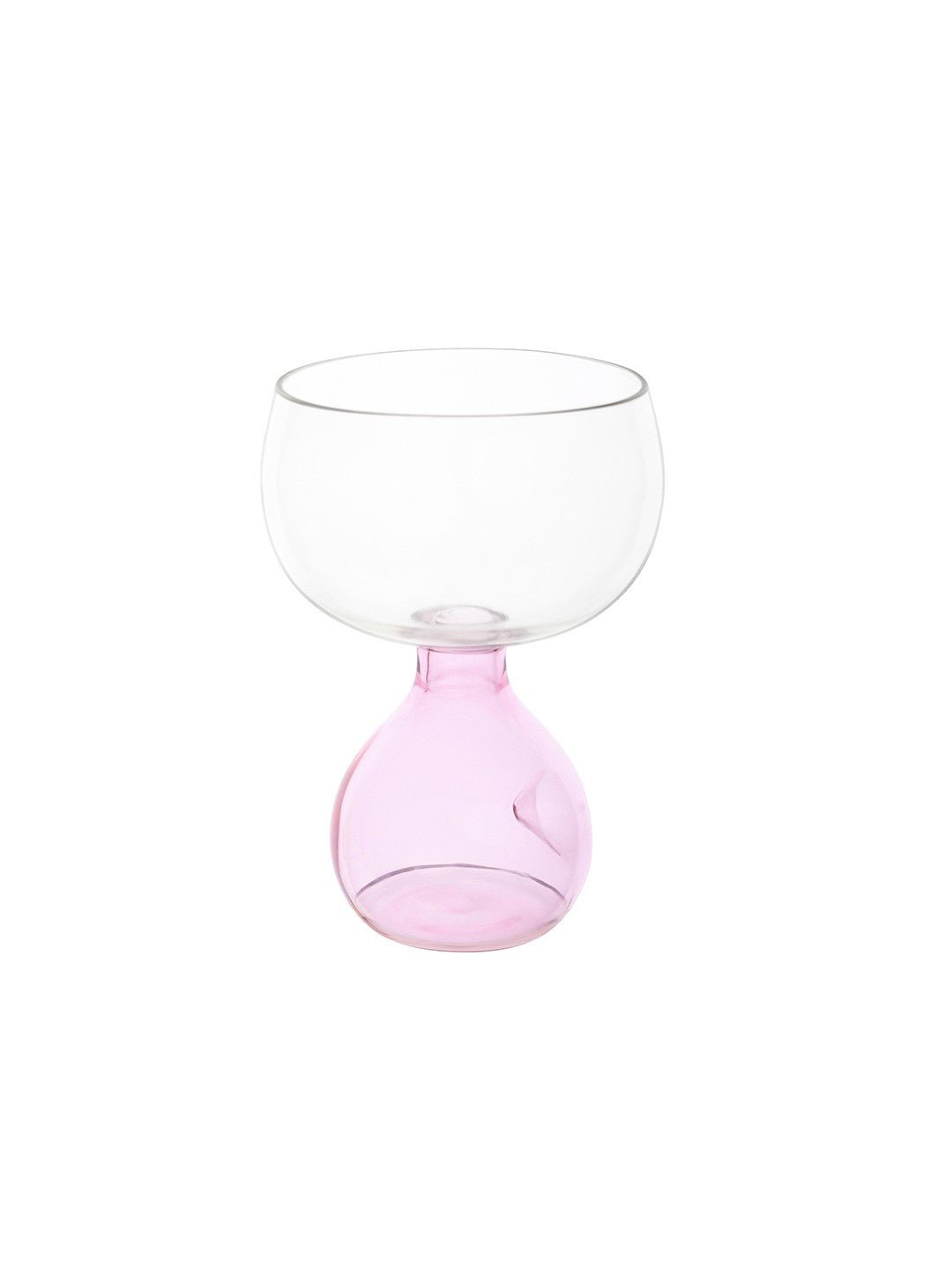 Transparent pink Blossom Orb coupe glass showcasing its wide bowl, perfect for desserts and celebratory drinks.