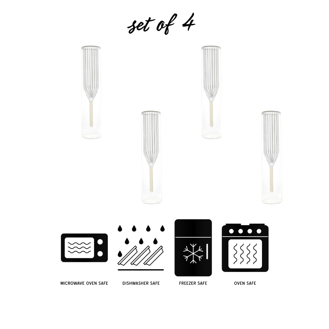 Transparent double-walled champagne flute showcasing its modern design, perfect for sparkling wine and cocktails.