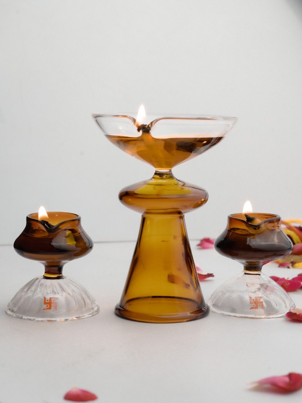 Borotech Amber Glass Diyas – 3 Pc Handmade Set for Pooja & Decor - BorotechGD - AMBER - COMBO - 3PCBorotech