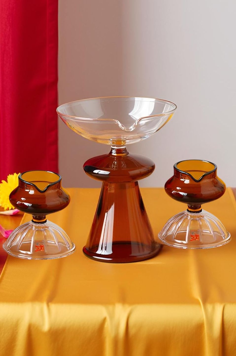 Borotech Amber Glass Diyas – 3 Pc Handmade Set for Pooja & Decor - BorotechGD - AMBER - COMBO - 3PCBorotech