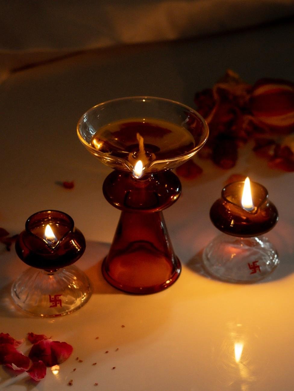 Borotech Amber Glass Diyas – 3 Pc Handmade Set for Pooja & Decor - BorotechGD - AMBER - COMBO - 3PCBorotech
