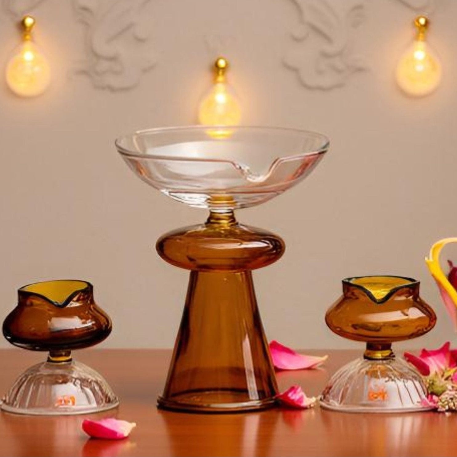 Borotech Amber Glass Diyas – 3 Pc Handmade Set for Pooja & Decor - BorotechGD - AMBER - COMBO - 3PCBorotech