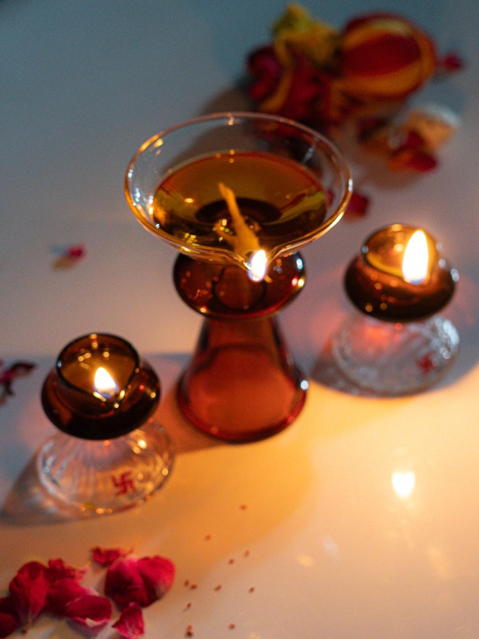 Borotech Amber Glass Diyas – 3 Pc Handmade Set for Pooja & Decor - BorotechGD - AMBER - COMBO - 3PCBorotech