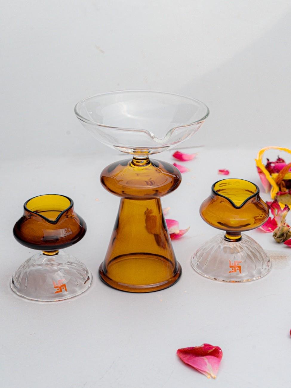 Borotech Amber Glass Diyas – 3 Pc Handmade Set for Pooja & Decor - BorotechGD - AMBER - COMBO - 3PCBorotech