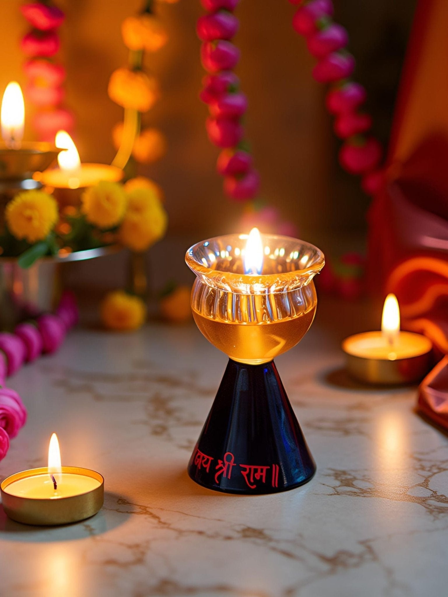 Borotech Blue Glass Diya – Handmade Pedestal Oil Lamp for Pooja & Decor - BorotechGD - BLUE - 01PCBorotech