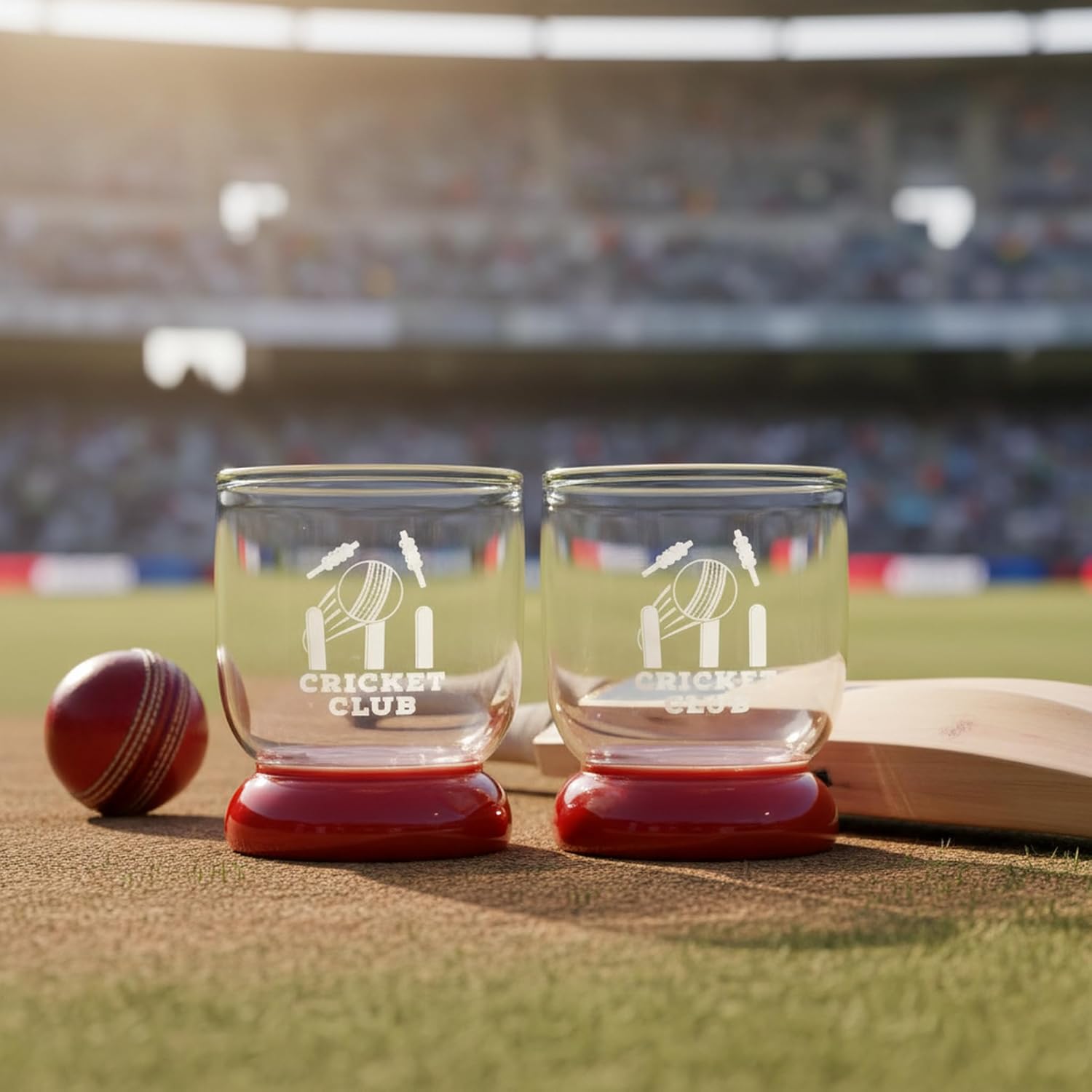 Borotech Cricket Club Designer Glass with Colored Base, 300 ml Capacity, Engraved Cricket Theme, Transparent Body, Drinkware for Sports Enthusiasts - BorotechPinkB0GFWGLCYLBorotech