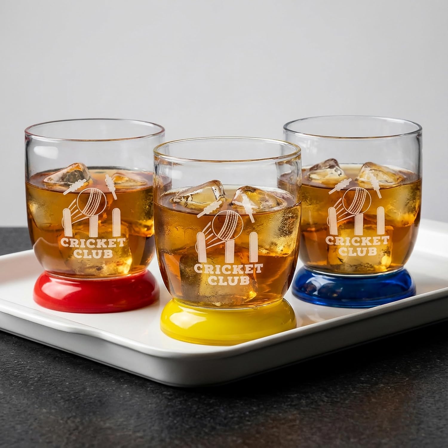 Borotech Cricket Club Designer Glass with Colored Base, 300 ml Capacity, Engraved Cricket Theme, Transparent Body, Drinkware for Sports Enthusiasts - BorotechBlueB0GFW5KWQ7Borotech