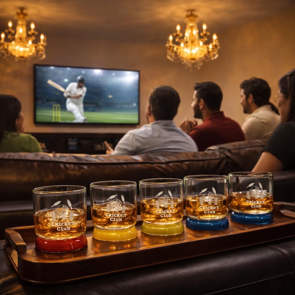 Borotech Cricket Club Designer Glass with Colored Base, 300 ml Capacity, Engraved Cricket Theme, Transparent Body, Drinkware for Sports Enthusiasts - BorotechPinkB0GFWGLCYLBorotech