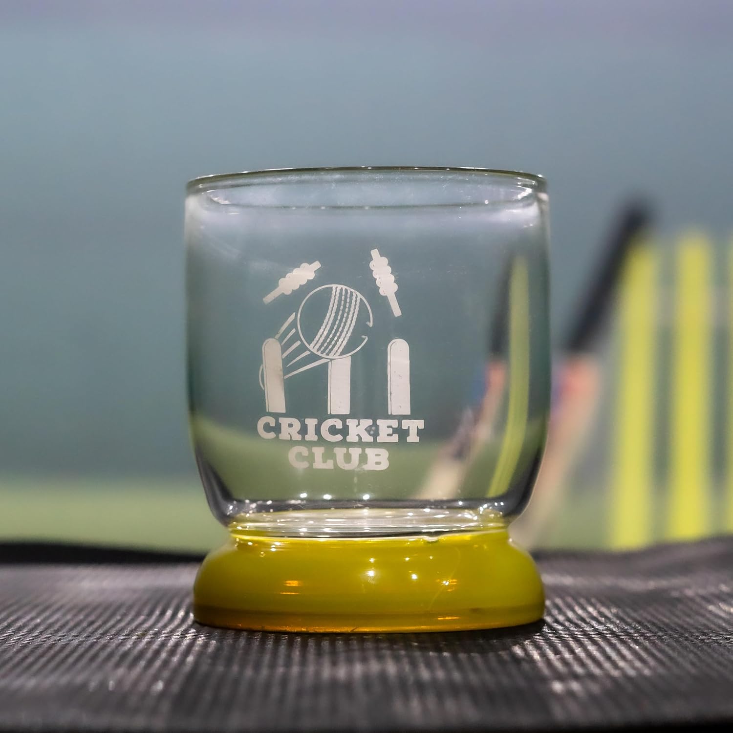 Borotech Cricket Club Designer Glass with Colored Base, 300 ml Capacity, Engraved Cricket Theme, Transparent Body, Drinkware for Sports Enthusiasts - BorotechYellowB0GFWKQ7V5Borotech