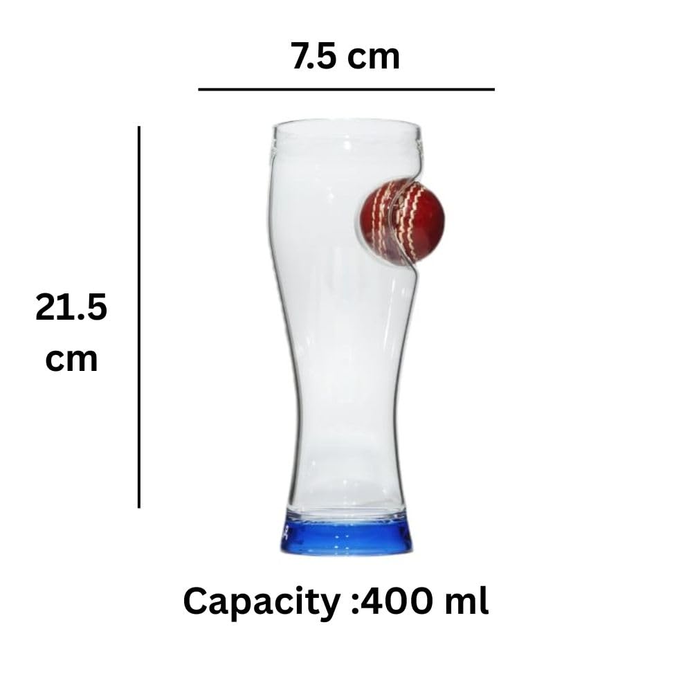Borotech Cricket Series Borosilicate Hand Blown Beer Glass with Real Leather Cricket Ball, 450 ml Capacity, Real Leather mini Ball detatchable Style (Blue) - BorotechBlueB0GFN4BPJVBorotech