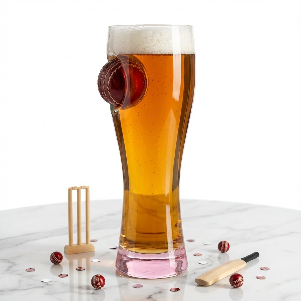 Borotech Cricket Series Borosilicate Hand Blown Beer Glass with Real Leather Cricket Ball, 450 ml Capacity, Real Leather mini Ball detatchable Style (Blue) - BorotechPinkB0GFNFGWHXBorotech