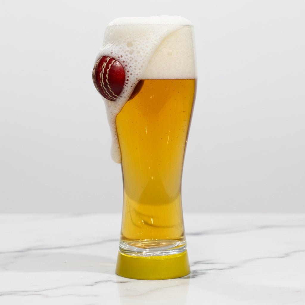 Borotech Cricket Series Borosilicate Hand Blown Beer Glass with Real Leather Cricket Ball, 450 ml Capacity, Real Leather mini Ball detatchable Style (Blue) - BorotechYellowB0GFNHMFH2Borotech