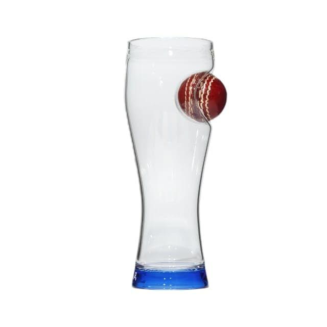 Borotech Cricket Series Borosilicate Hand Blown Beer Glass with Real Leather Cricket Ball, 450 ml Capacity, Real Leather mini Ball detatchable Style (Blue) - BorotechBlueB0GFN4BPJVBorotech