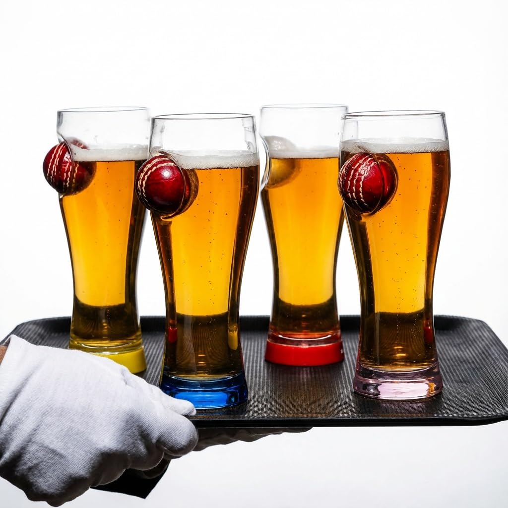 Borotech Cricket Series Borosilicate Hand Blown Beer Glass with Real Leather Cricket Ball, 450 ml Capacity, Real Leather mini Ball detatchable Style (Blue) - BorotechPinkB0GFNFGWHXBorotech