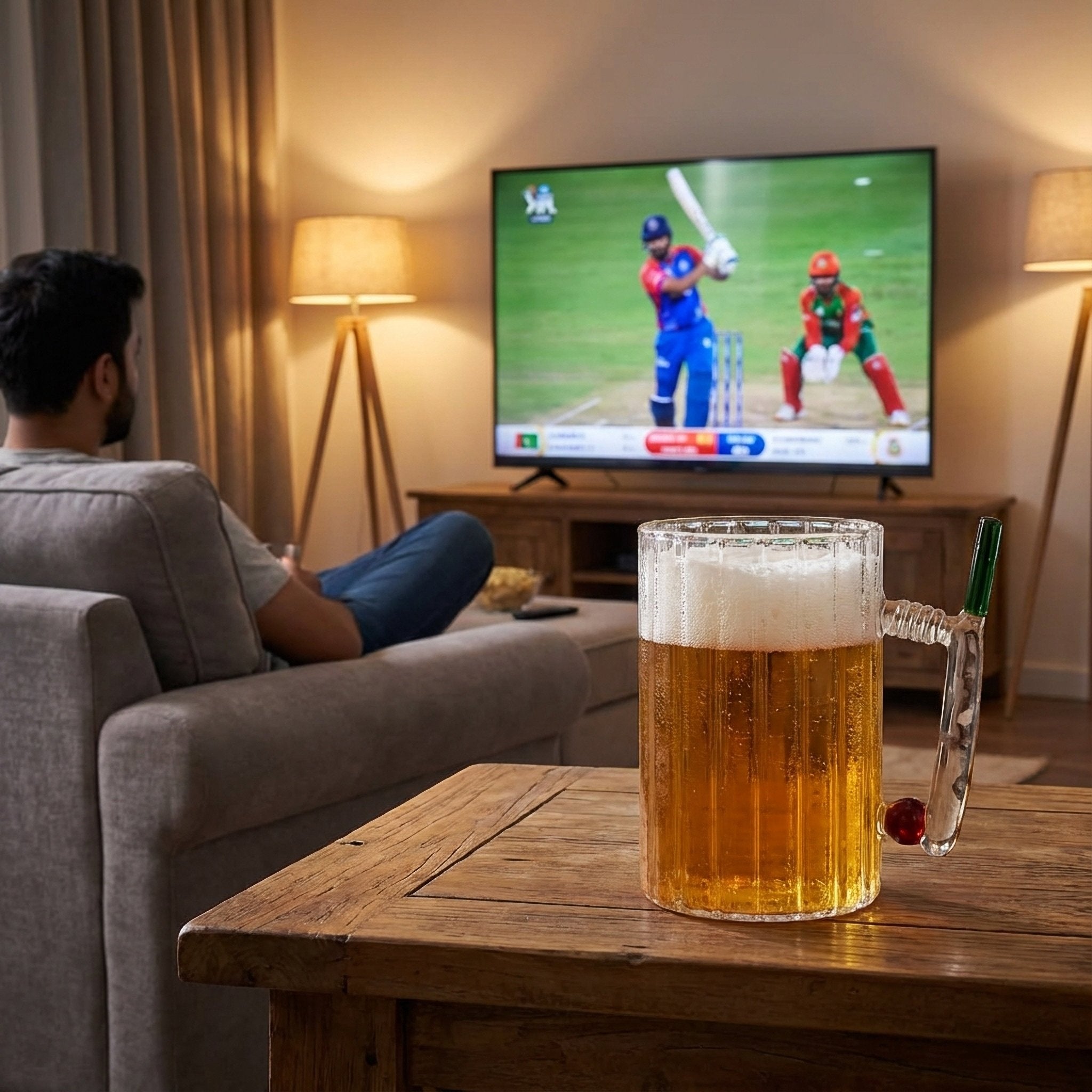 Borotech Cricket Series Handmade Beer Mug with Bat, Wicket & Ball Design, Borosilicate Clear Glass, 350 ml | Cricket Fan Gift for IPL & T20 Season - BorotechBorotech