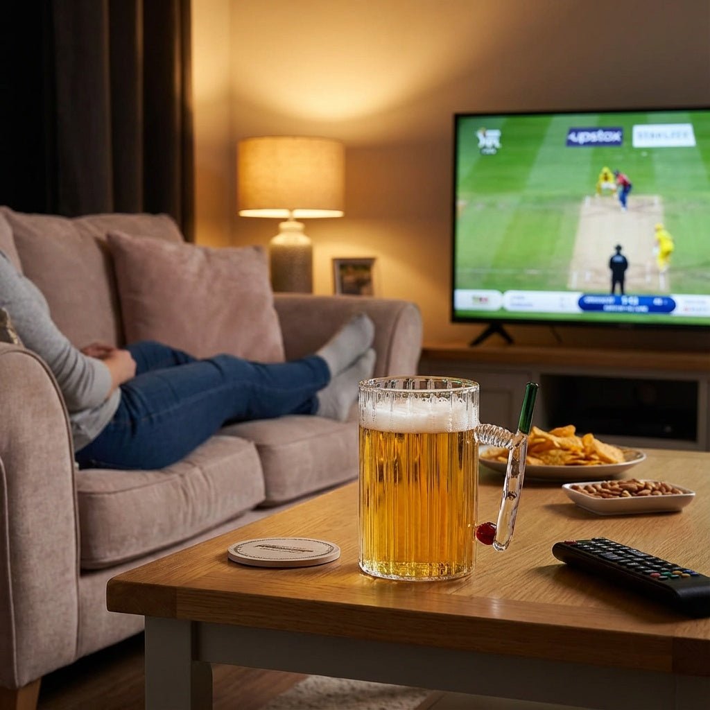 Borotech Cricket Series Handmade Beer Mug with Bat, Wicket & Ball Design, Borosilicate Clear Glass, 350 ml | Cricket Fan Gift for IPL & T20 Season - BorotechBorotech