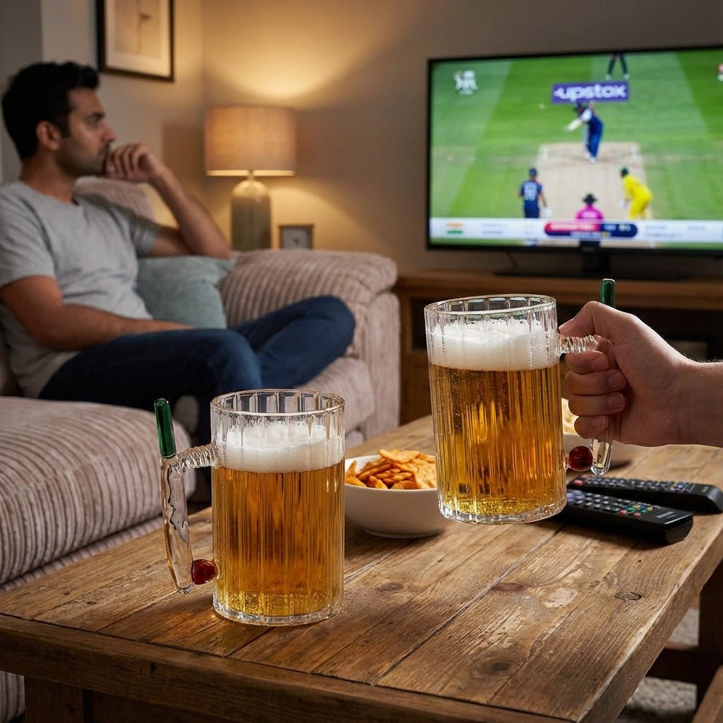 Borotech Cricket Series Handmade Beer Mug with Bat, Wicket & Ball Design, Borosilicate Clear Glass, 350 ml | Cricket Fan Gift for IPL & T20 Season - BorotechBorotech