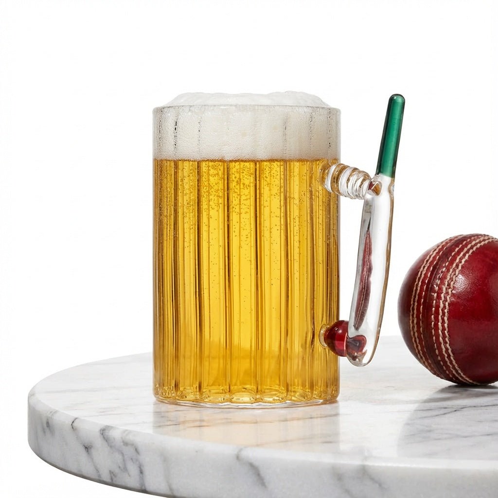 Borotech Cricket Series Handmade Beer Mug with Bat, Wicket & Ball Design, Borosilicate Clear Glass, 350 ml | Cricket Fan Gift for IPL & T20 Season - BorotechBorotech