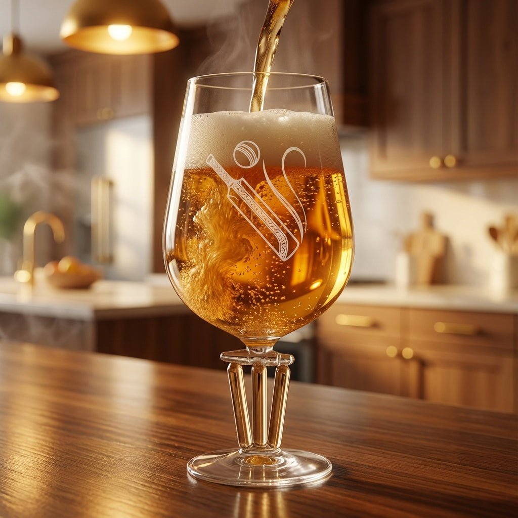 Borotech Cricket Themed Beer Glass with Wickets Base and Bells, Hand Blown Borosilicate Glass, Clear,500ml, Tulip Shape, Sports Collectible - BorotechBorotech