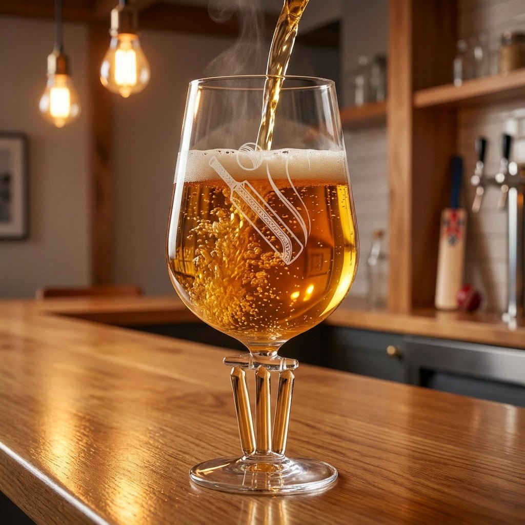 Borotech Cricket Themed Beer Glass with Wickets Base and Bells, Hand Blown Borosilicate Glass, Clear,500ml, Tulip Shape, Sports Collectible - BorotechBorotech