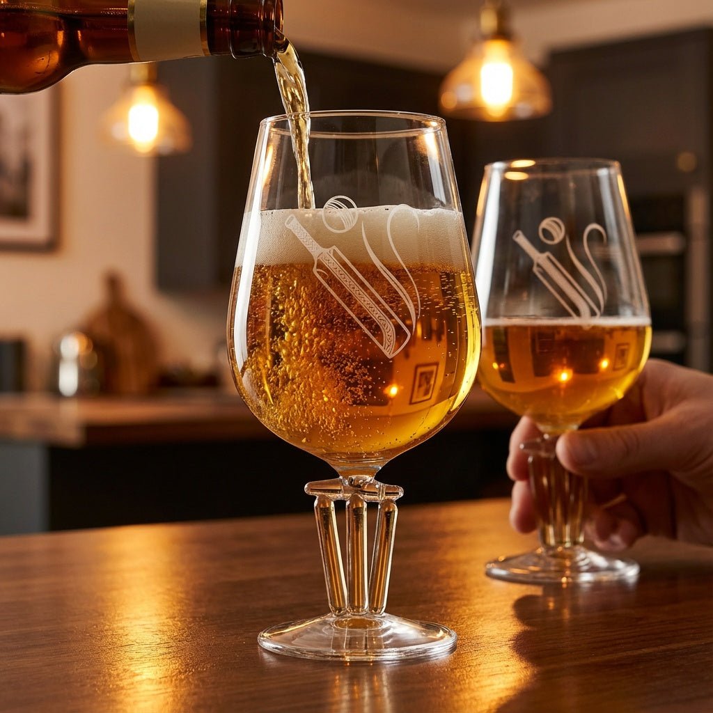 Borotech Cricket Themed Beer Glass with Wickets Base and Bells, Hand Blown Borosilicate Glass, Clear,500ml, Tulip Shape, Sports Collectible - BorotechBorotech