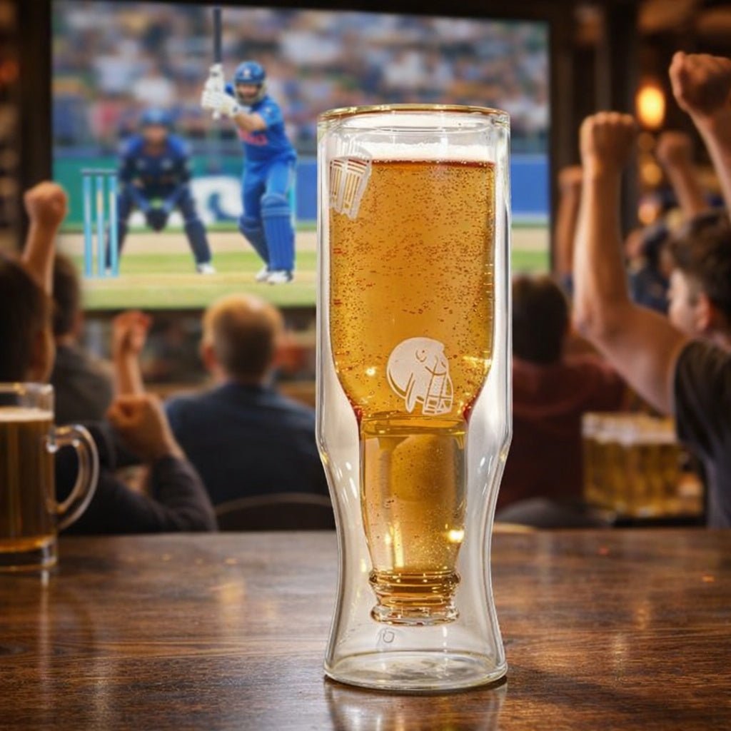 Borotech Double Wall Inverted Beer Bottle Glass, 350 ml | Cricket Engraved Clear Drinkware, 21 cm Height | Match Day Glass for IPL, T20 & World Cup Fans - Borotechdouble wallBorotechdouble wall