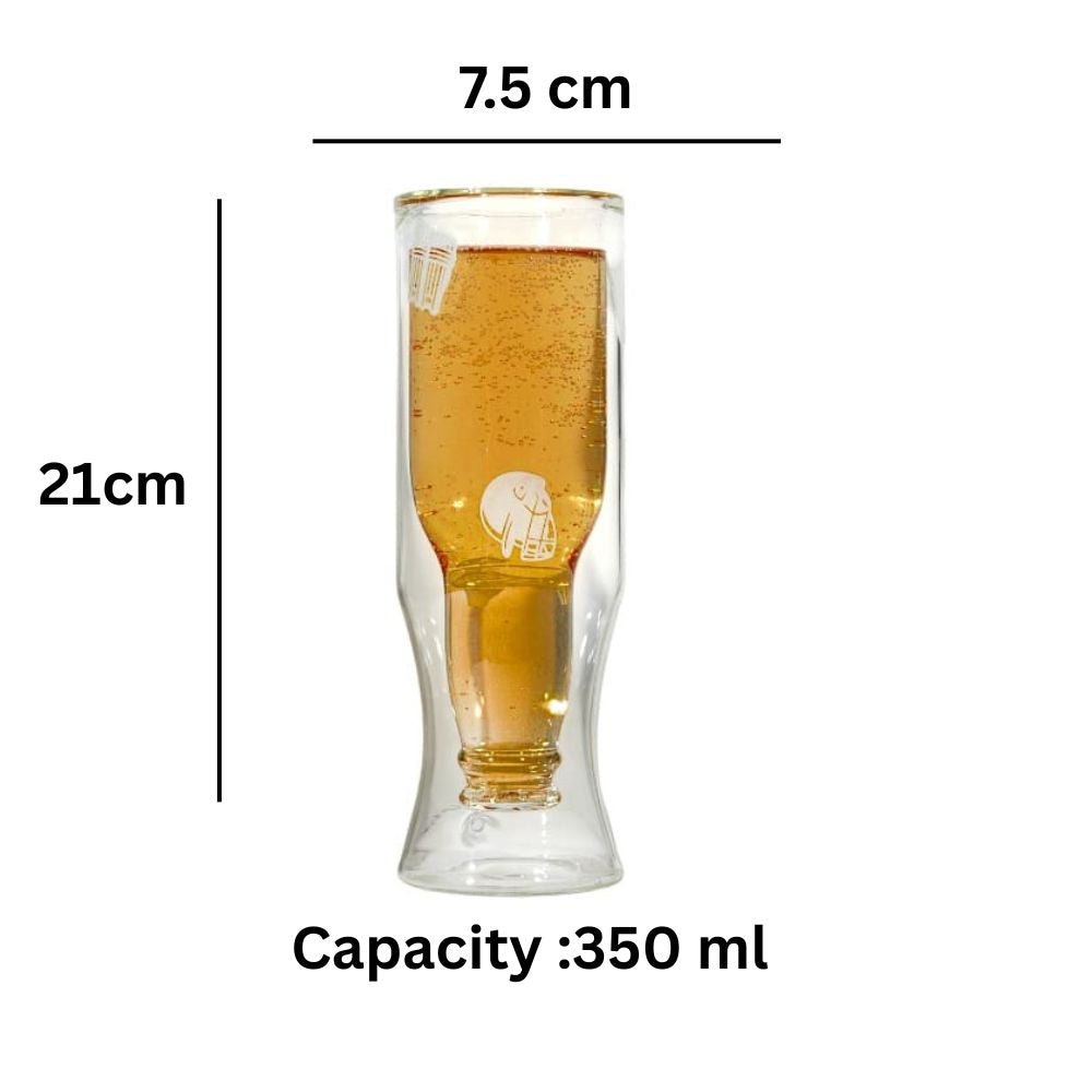 Borotech Double Wall Inverted Beer Bottle Glass, 350 ml | Cricket Engraved Clear Drinkware, 21 cm Height | Match Day Glass for IPL, T20 & World Cup Fans - Borotechdouble wallBorotechdouble wall