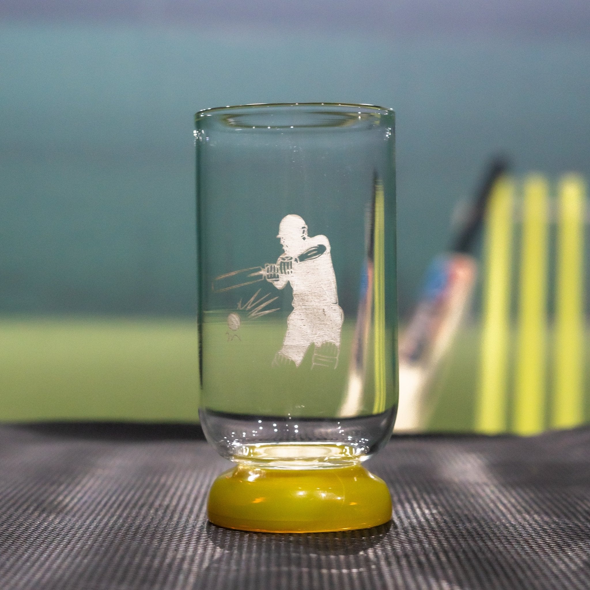 Borotech Glass Juice Tumbler with Matching Cricket Team Color, Transparent, 350ml Hand Made Borosilicate Glass worldcup and ipl Fever Fan Collection - BorotechYellowBorotech