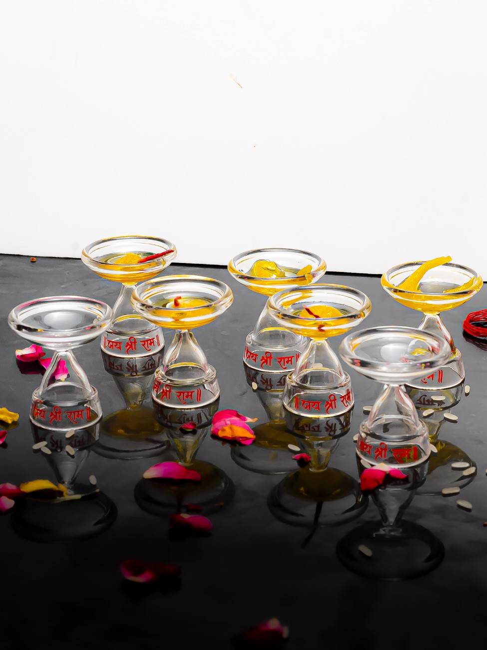 Borotech Glass Pedestal Diyas – Handmade Jai Shri Ram Oil Lamps Set - BorotechSet of 7Borotech