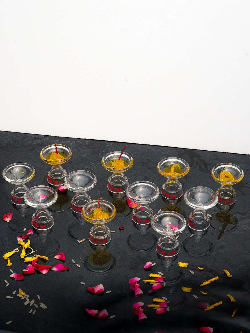 Borotech Glass Pedestal Diyas – Handmade Jai Shri Ram Oil Lamps Set - BorotechSet of 11Borotech