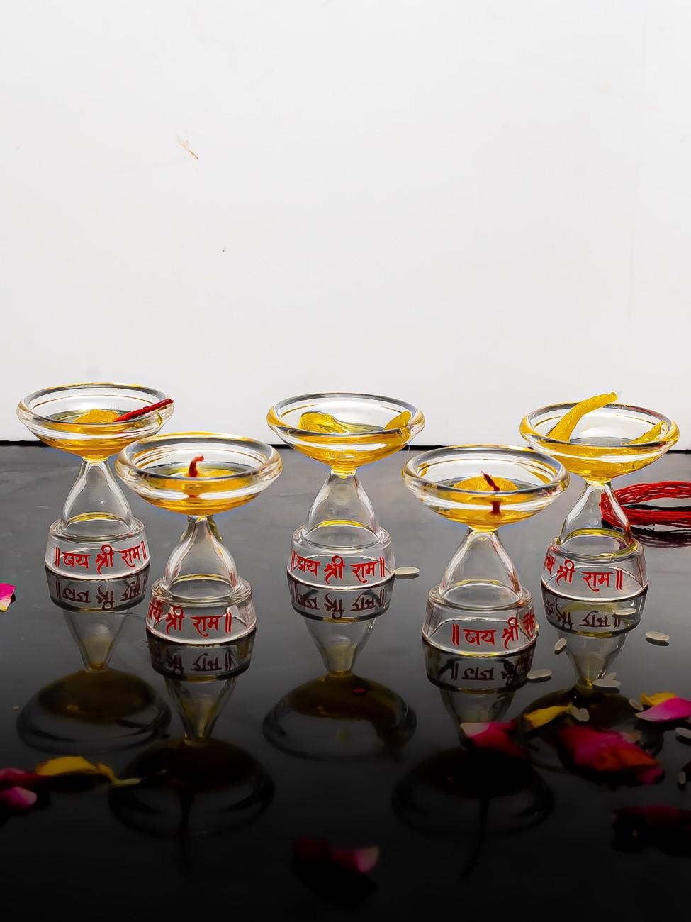 Borotech Glass Pedestal Diyas – Handmade Jai Shri Ram Oil Lamps Set - BorotechSet of 5Borotech