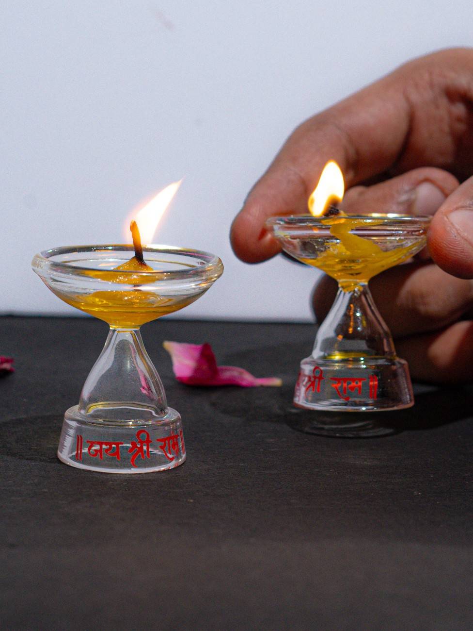 Borotech Glass Pedestal Diyas – Handmade Jai Shri Ram Oil Lamps Set - BorotechSet of 11Borotech