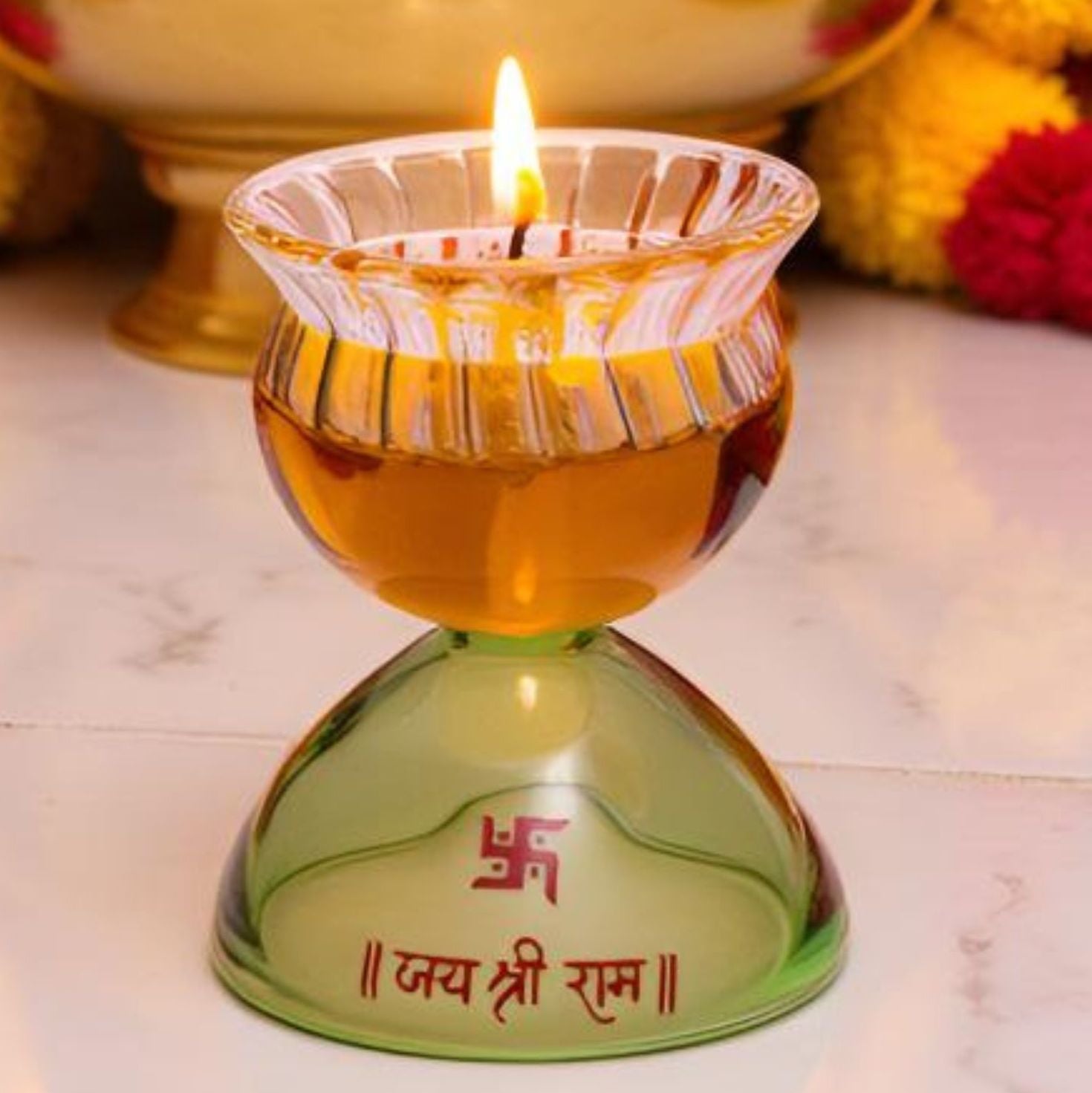 Borotech Green Glass Diya – Handmade Jai Shri Ram Lamp for Pooja Decor - BorotechGD - GREEN - 01PCBorotech