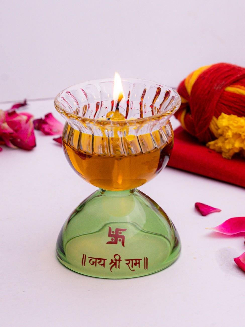 Borotech Green Glass Diya – Handmade Jai Shri Ram Lamp for Pooja Decor - BorotechGD - GREEN - 01PCBorotech
