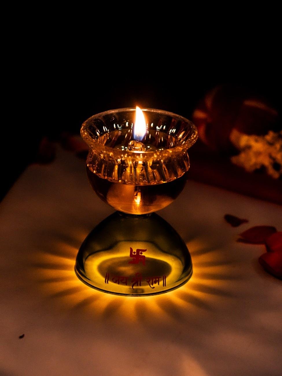Borotech Green Glass Diya – Handmade Jai Shri Ram Lamp for Pooja