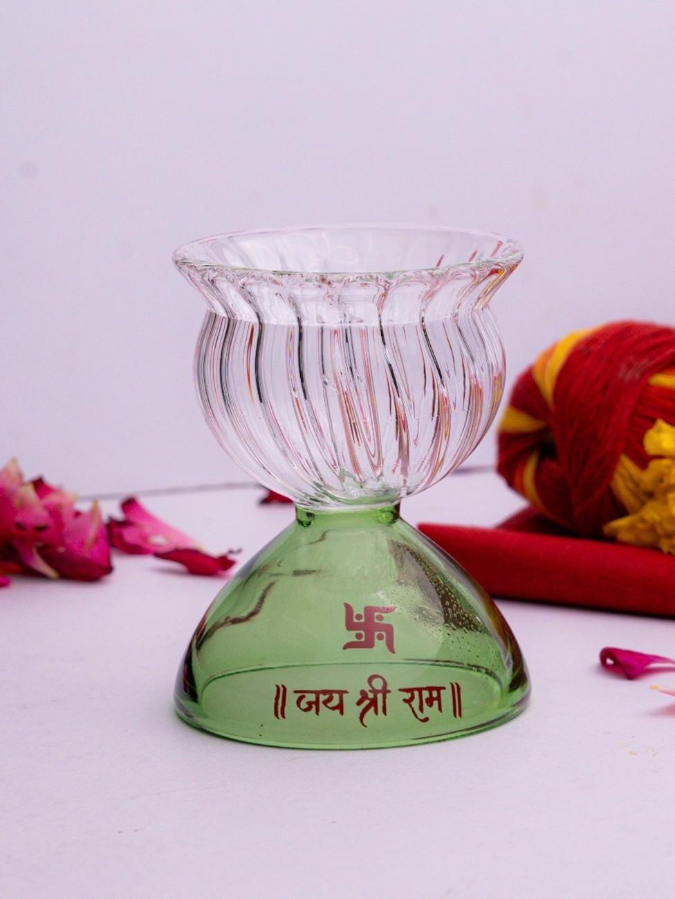 Borotech Green Glass Diya – Handmade Jai Shri Ram Lamp for Pooja Decor - BorotechGD - GREEN - 01PCBorotech