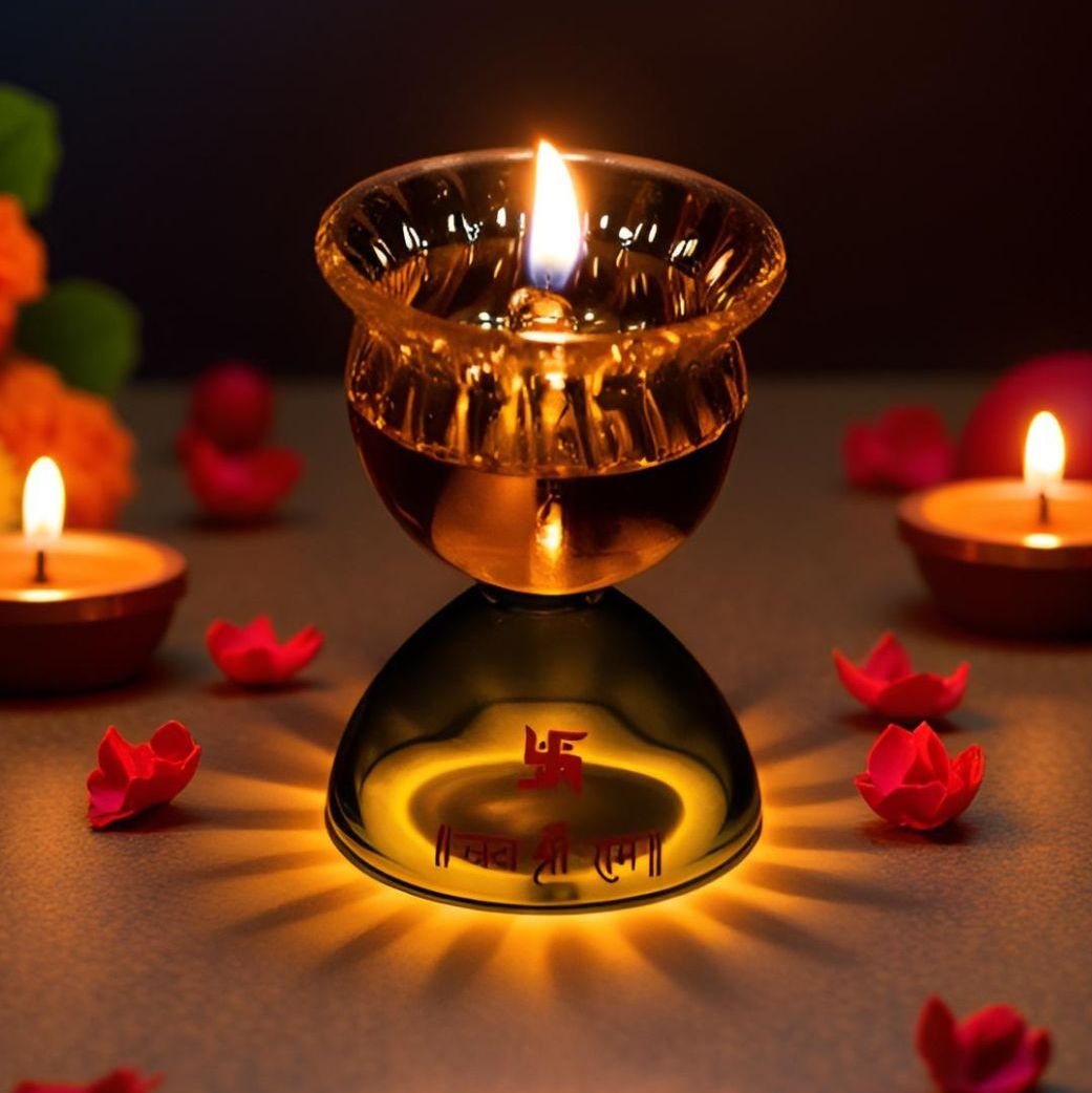 Borotech Green Glass Diya – Handmade Jai Shri Ram Lamp for Pooja Decor - BorotechGD - GREEN - 01PCBorotech