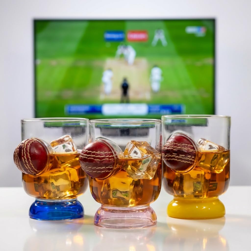 Borotech Handcrafted Whiskey Glass with Leather Cricket Ball Display, Borosilicate Glass, Blue Base, Team Support Collectible (Blue) - BorotechBlueB0GFN9XDFBBorotech