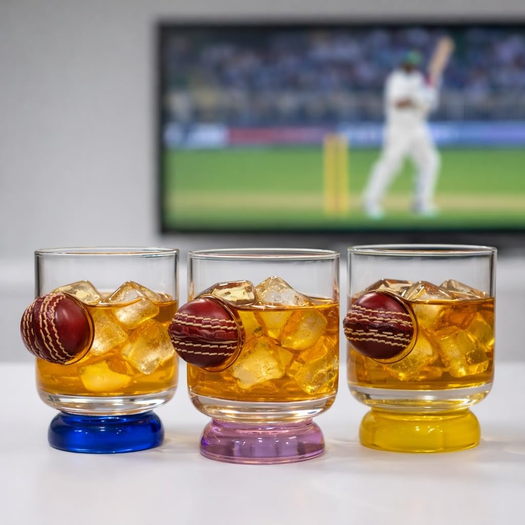 Borotech Handcrafted Whiskey Glass with Leather Cricket Ball Display, Borosilicate Glass, Blue Base, Team Support Collectible (Blue) - BorotechPinkB0GFN9XWZRBorotech