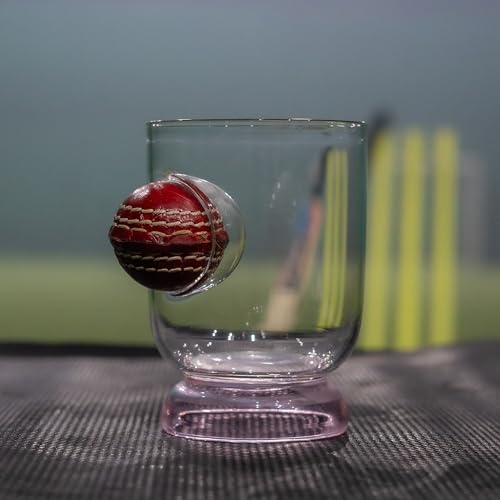 Borotech Handcrafted Whiskey Glass with Leather Cricket Ball Display, Borosilicate Glass, Blue Base, Team Support Collectible (Blue) - BorotechPinkB0GFN9XWZRBorotech