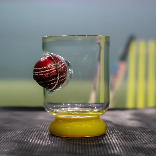 Borotech Handcrafted Whiskey Glass with Leather Cricket Ball Display, Borosilicate Glass, Blue Base, Team Support Collectible (Blue) - BorotechYellowB0GFMYT27YBorotech