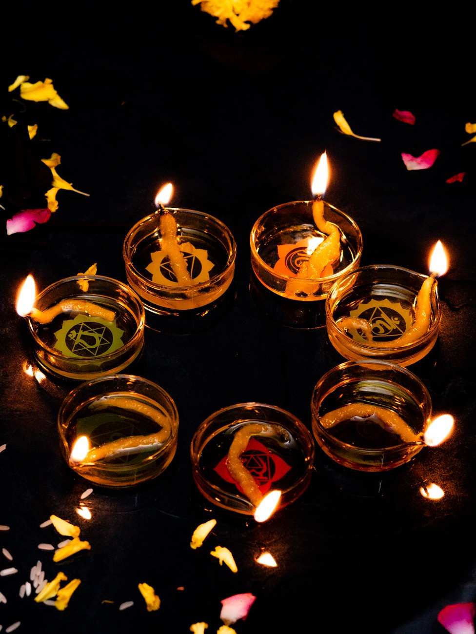Borotech Printed Glass Diyas – 7 Pc Set for Festive & Pooja Decor - BorotechGD - CLEAR - 07Borotech