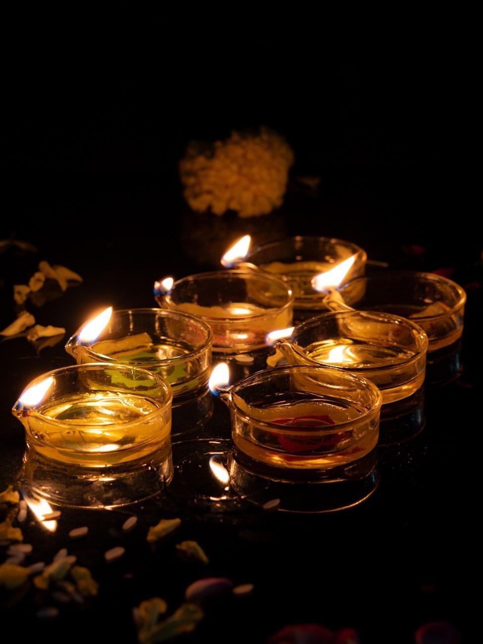Borotech Printed Glass Diyas – 7 Pc Set for Festive & Pooja Decor - BorotechGD - CLEAR - 07Borotech