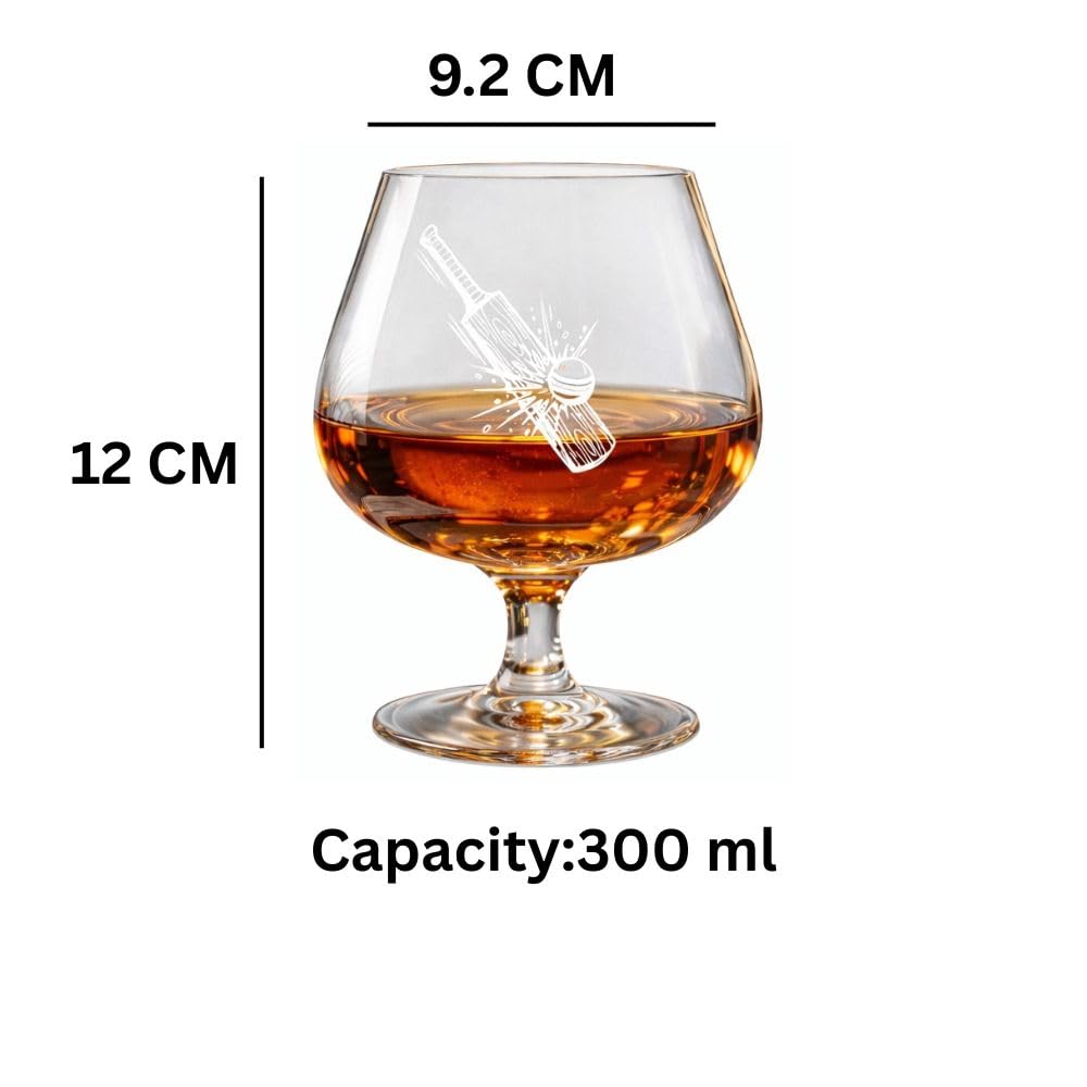 Borotech Whiskey Brandy Glass with Cricket Theme Engraving, Hand Blown Borosilicate Glass, 350ml, Transparent, - BorotechB0GFVRPRNMBorotech
