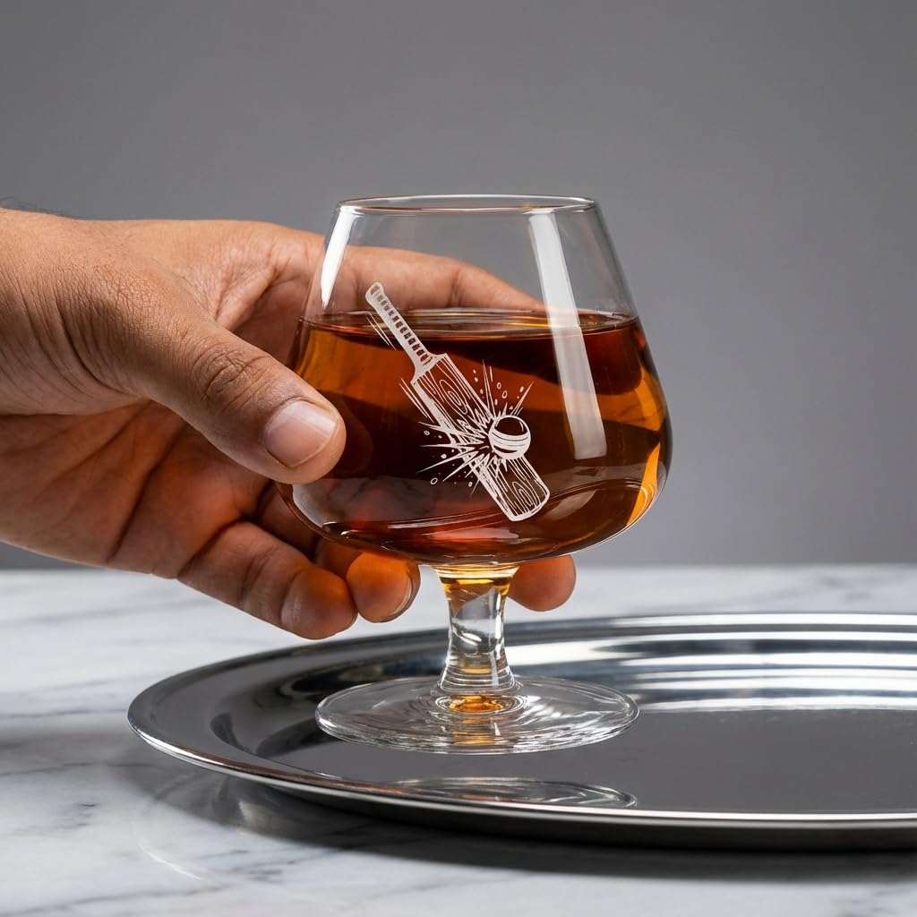Borotech Whiskey Brandy Glass with Cricket Theme Engraving, Hand Blown Borosilicate Glass, 350ml, Transparent, - BorotechB0GFVRPRNMBorotech